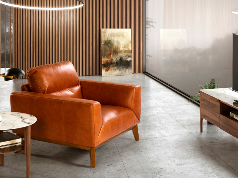 Leather upholstered armchair with walnut base - CLARA