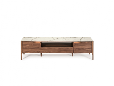 TV cabinet in walnut with glass top imitating porcelain marble - DINA