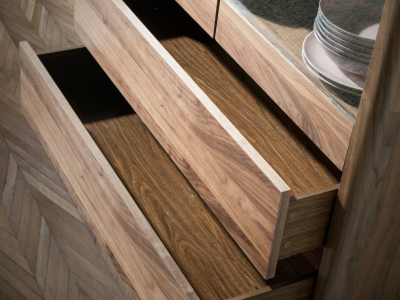 Vitrina en nogal con tapa de cristal imitación mármol porcelánico - DINA Vitrina en nogal con tapa de cristal imitación mármol porcelánico - DINA