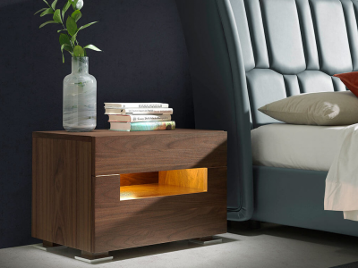 Walnut bedside table with LED lighting and stainless steel legs - TAUREAU