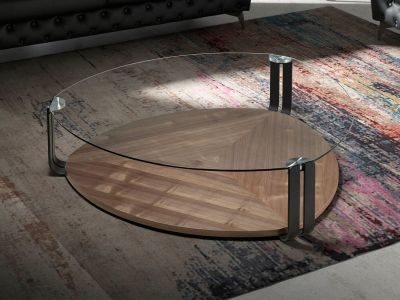 Mesa de centro triangular con cristal templado, nogal y acero inoxidable - SIRMIONE