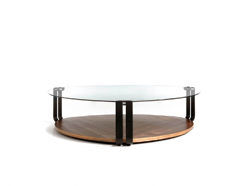 Triangular coffee table with tempered glass, walnut, and stainless steel - SIRMIONE