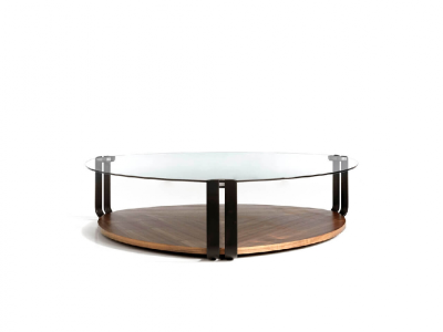Mesa de centro triangular con cristal templado, nogal y acero inoxidable - SIRMIONE
