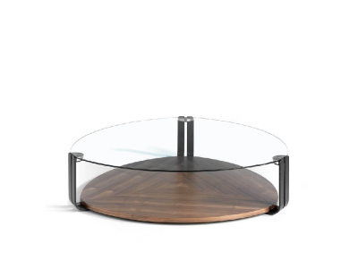 Mesa de centro triangular con cristal templado, nogal y acero inoxidable - SIRMIONE