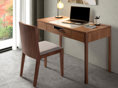 Walnut vanity/desk with porcelain marble-effect glass detail - DINA