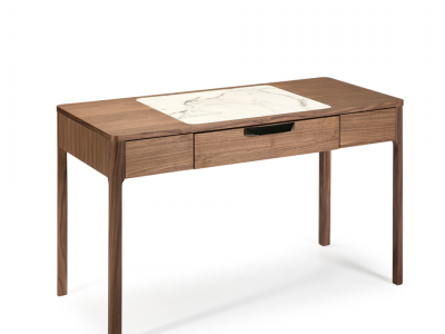 Walnut vanity/desk with porcelain marble-effect glass detail - DINA