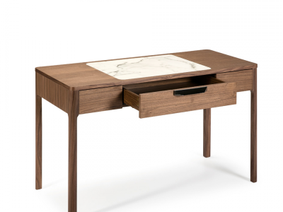 Walnut vanity/desk with porcelain marble-effect glass detail - DINA