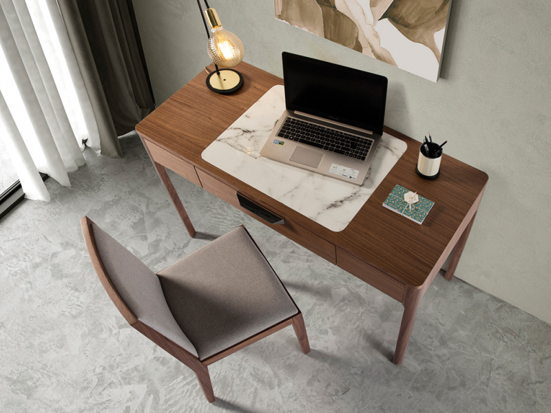 Walnut vanity/desk with porcelain marble-effect glass detail - DINA