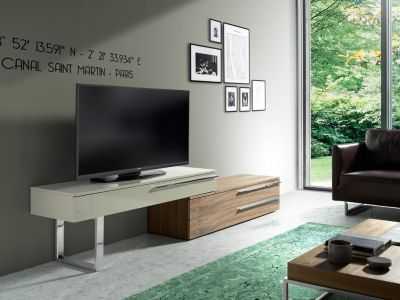 Mueble TV de diseño en nogal, lacado y base en acero inoxidable - GOB