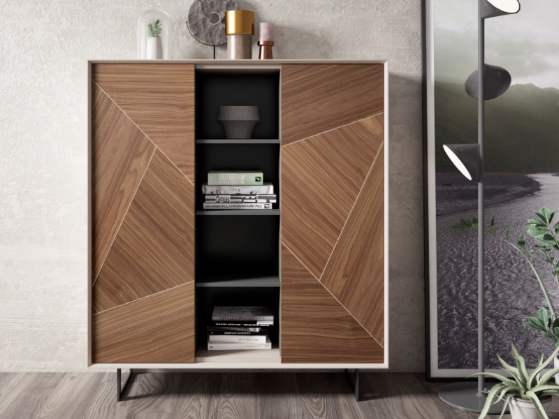 Lacquered crockery sideboard with walnut marquetry doors - ELISA