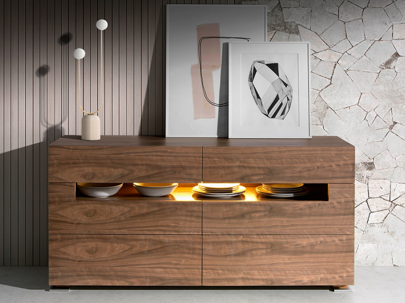 Walnut sideboard with LED lighting and stainless steel legs - TAUREAU