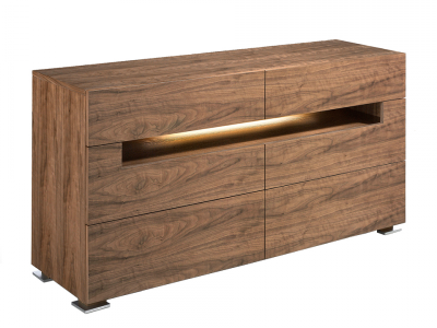 Buffet en noyer avec éclairage LED et pieds en acier inoxydable - TAUREAU Buffet en noyer avec éclairage LED et pieds en acier inoxydable - TAUREAU