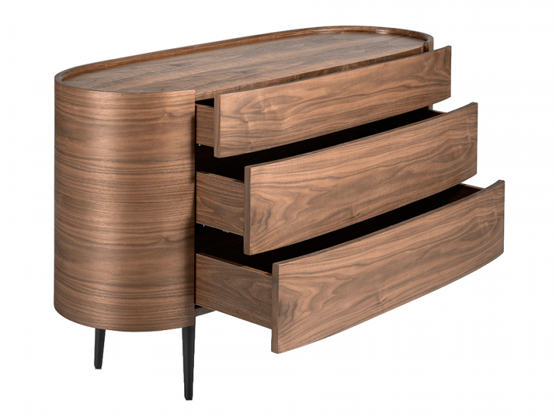 Oval walnut chest of drawers with stainless steel legs - OVALE