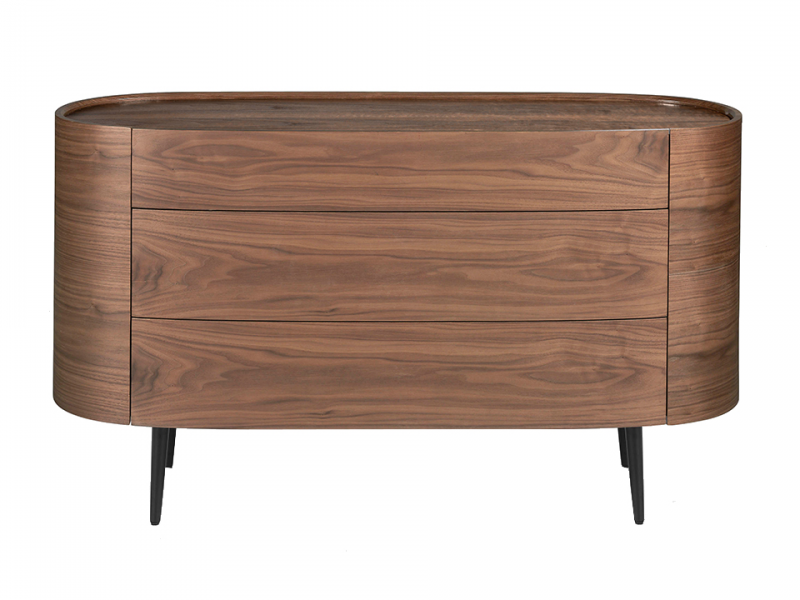 Oval walnut chest of drawers with stainless steel legs - OVALE