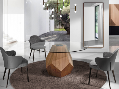 Round table with tempered glass top and walnut veneer base - FORÊT Round table with tempered glass top and walnut veneer base - FORÊT