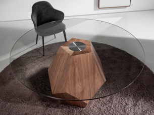 Round table with tempered glass top and walnut veneer base - FORÊT 2