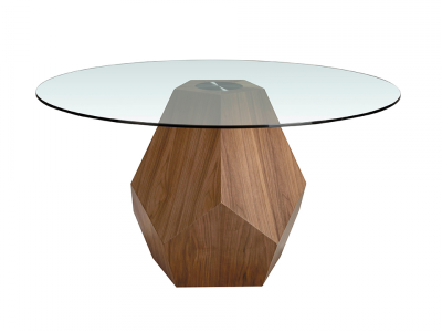 Round table with tempered glass top and walnut veneer base - FORÊT Round table with tempered glass top and walnut veneer base - FORÊT