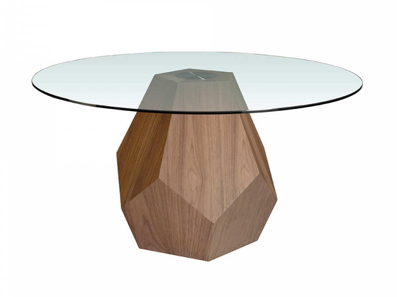 Round table with tempered glass top and walnut veneer base - FORÊT