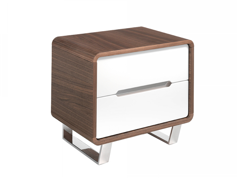 Mesita de noche en nogal ,frentes de cajones lacados y patas en acero inoxidable - AGOSTINA