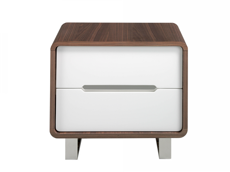 Mesita de noche en nogal ,frentes de cajones lacados y patas en acero inoxidable - AGOSTINA