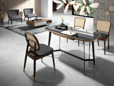 Bureau avec piètement en inox et plateau en verre et noyer - LÉA