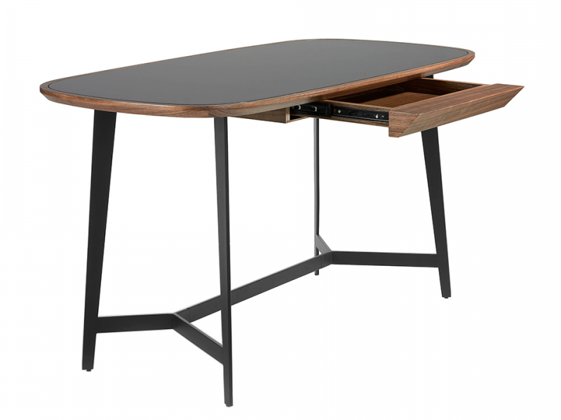 Bureau avec piètement en inox et plateau en verre et noyer - LÉA