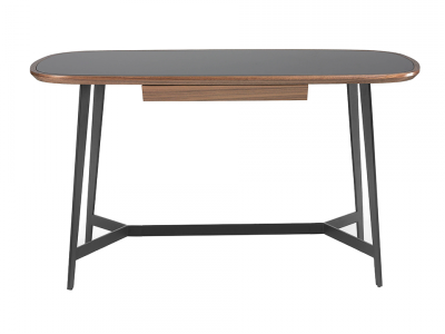 Bureau avec piètement en inox et plateau en verre et noyer - LÉA