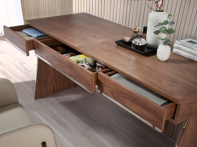 Walnut desk/vanity table with drawers and stainless steel details - PIERRE