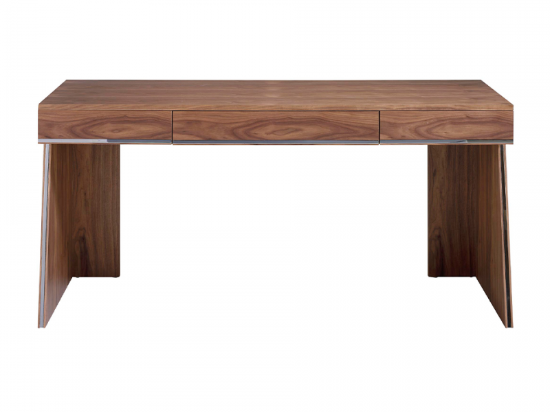Bureau/coiffeuse en noyer avec tiroirs et détails en inox - PIERRE