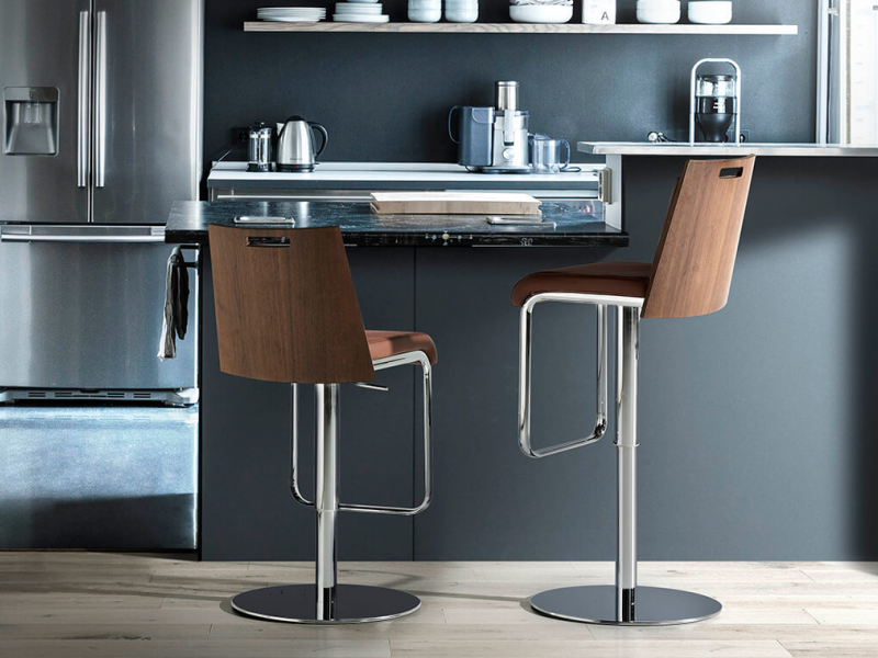 Swivel stool in walnut, upholstered with stainless steel base - SANTINO