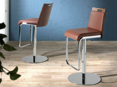 Swivel stool in walnut, upholstered with stainless steel base - SANTINO