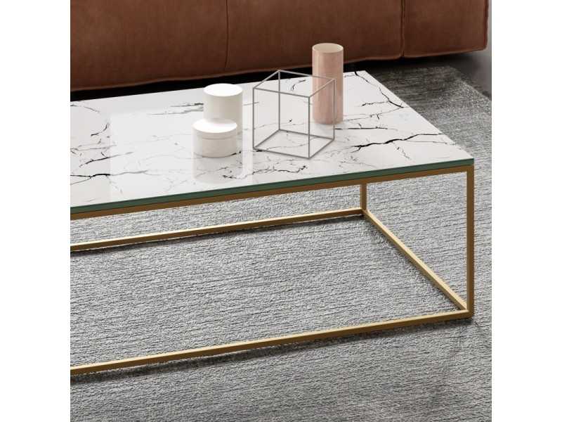 Table basse avec structure en acier laqué et plateau en bois, laqué, céramique ou en verre à effet marbre - AMAN