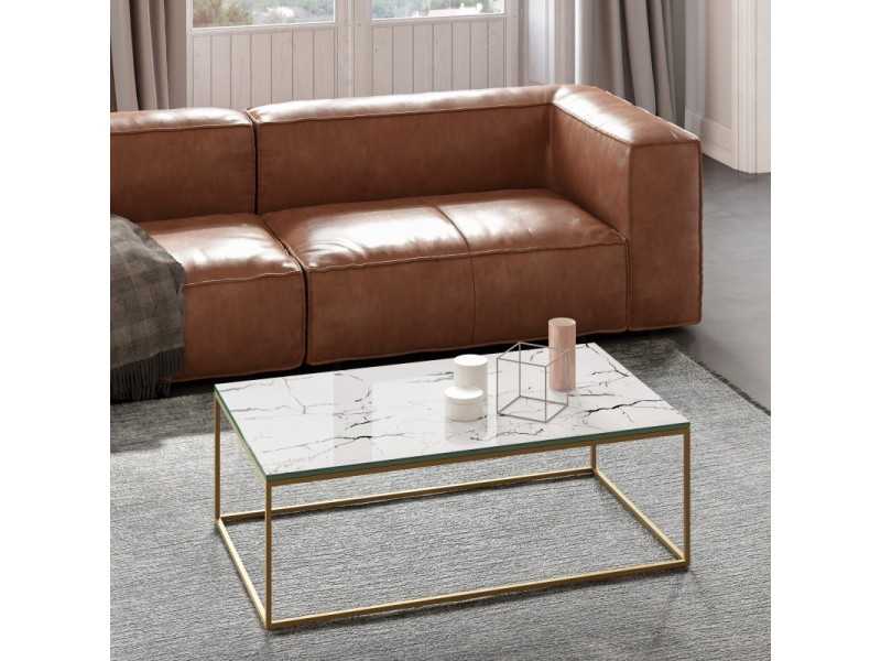Table basse avec structure en acier laqué et plateau en bois, laqué, céramique ou en verre à effet marbre - AMAN