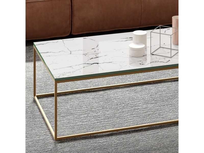 Table basse avec structure en acier laqué et plateau en bois, laqué, céramique ou en verre à effet marbre - AMAN