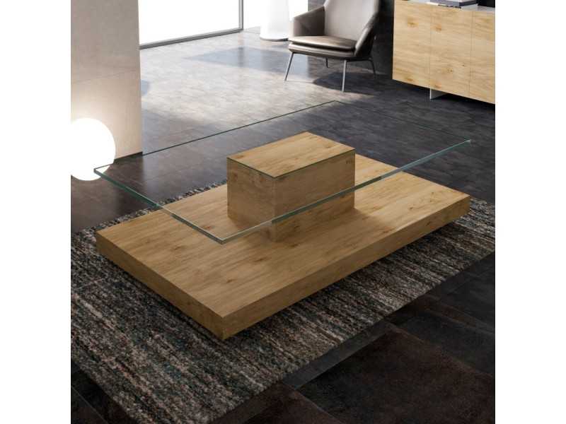 Mesa de centro con tapa de cristal templado y peana central -AIRE