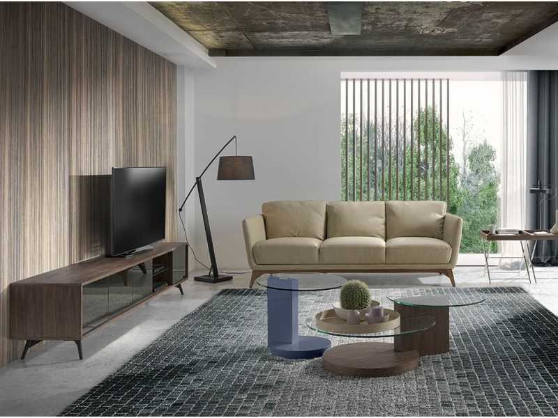 Meuble TV en noyer, verre noir et piètement acier inox - MICHIGAN XL