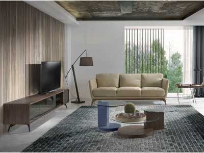 Mueble TV en nogal, cristal negro y base en acero inoxidable - MICHIGAN XL