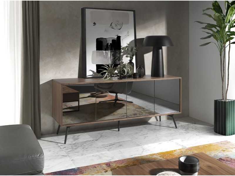 Sideboard in walnut, black glass and stainless steel base - MICHIGAN