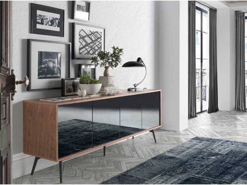 Buffet en noyer, verre noir et piètement en acier inoxydable - MICHIGAN