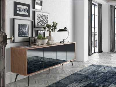 Sideboard in walnut, black glass and stainless steel base - MICHIGAN Sideboard in walnut, black glass and stainless steel base - MICHIGAN