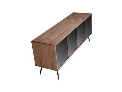 Sideboard in walnut, black glass and stainless steel base - MICHIGAN Sideboard in walnut, black glass and stainless steel base - MICHIGAN