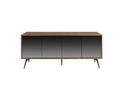 Sideboard in walnut, black glass and stainless steel base - MICHIGAN Sideboard in walnut, black glass and stainless steel base - MICHIGAN