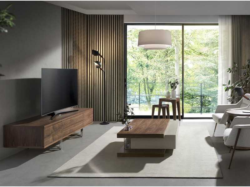 Mueble TV de diseño en nogal con base en acero inoxidable - ASPEN
