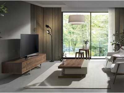 Meuble TV design en noyer avec piètement en acier inoxydable - ASPEN