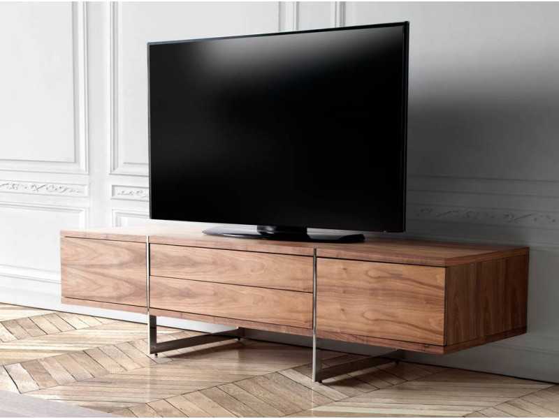 Designer TV cabinet in walnut with stainless steel base - ASPEN