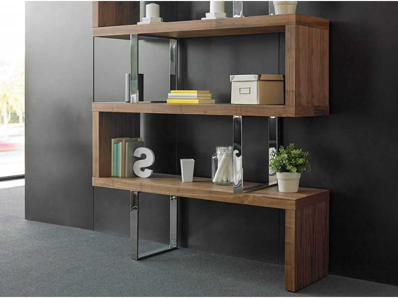 Designer shelving in walnut and stainless steel - SYLVIE