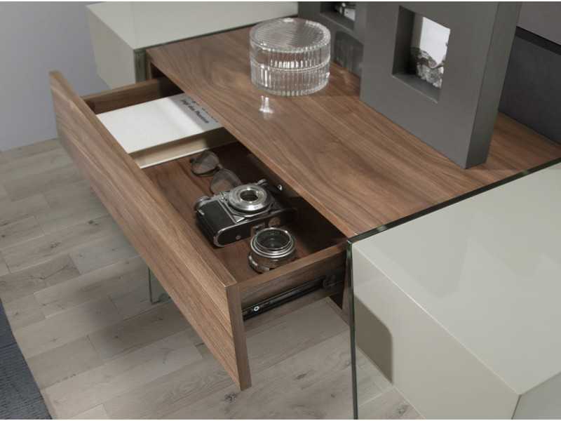 Consola de diseño lacada y nogal con bases de cristal templado - VENEZIA