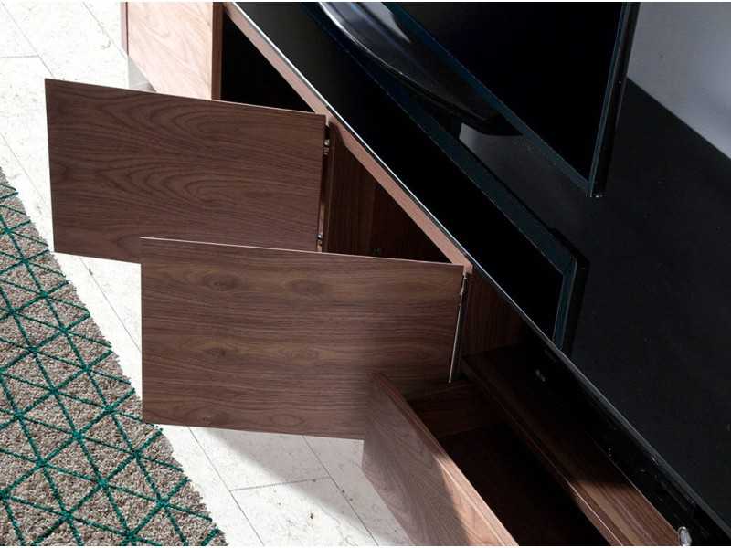 Designer TV cabinet in walnut, glass top and stainless steel legs - SEVILLA