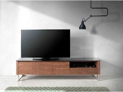 Designer TV cabinet in walnut, glass top and stainless steel legs - SEVILLA