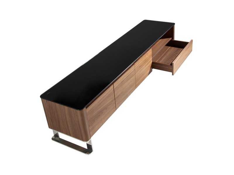 Designer TV cabinet in walnut, glass top and stainless steel legs - SEVILLA